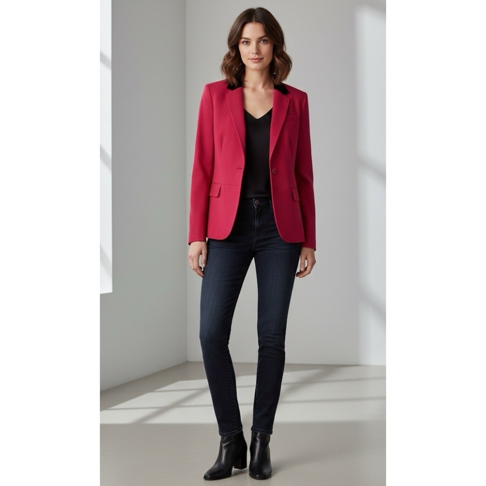 Talbots Womens 12 Petite Fuchsia Wool Blazer black Velvet collar rear vent‎